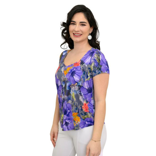 female model wearing violet bloom print ritzy top front view on white background