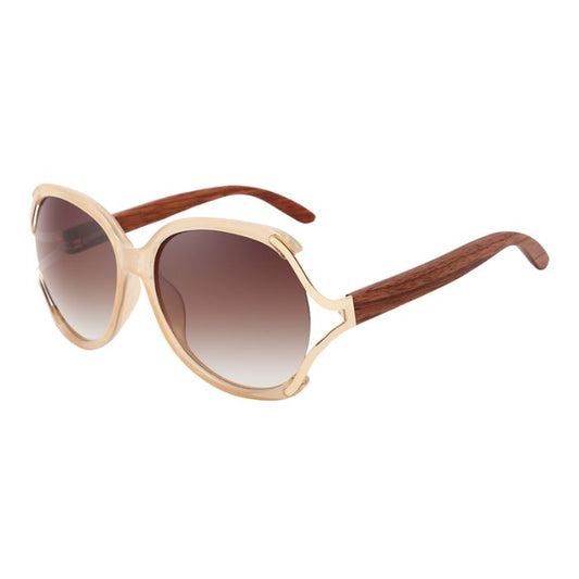 rosewood sunglasses tan and gold frames and brown lenses over view on white background
