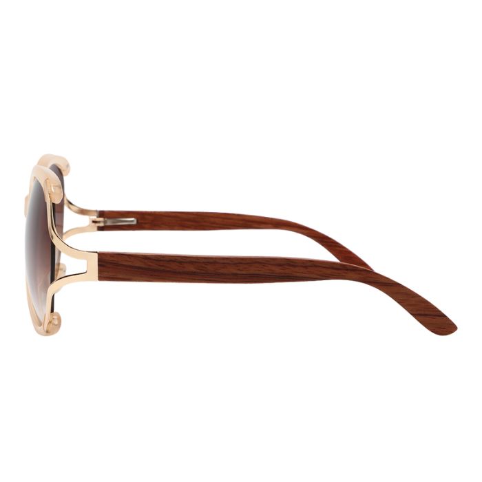 rosewood sunglasses tan and gold frames and brown lenses side view on white background