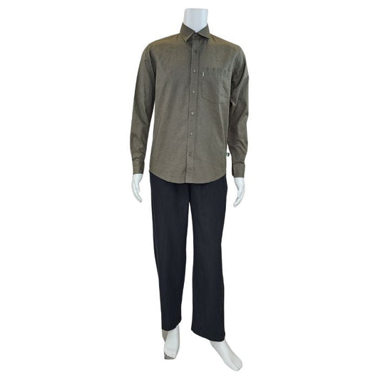 white mannequin wearing army green ryan button up dress shirt and and black jim pants front view on white background