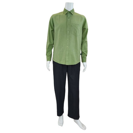 white mannequin wearing celery green ryan button up dress shirt and and black jim pants front view on white background
