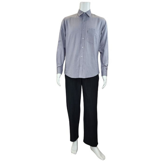 white mannequin wearing grey ryan button up dress shirt and and black jim pants front view on white background