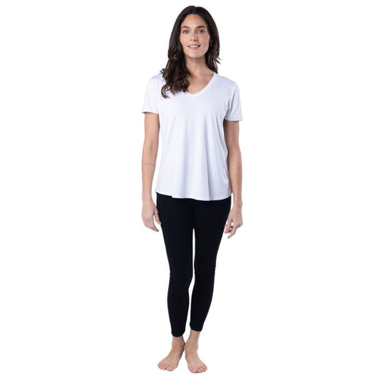 female model wearing white rylie v-neck tee and black terry leggings front view on white background