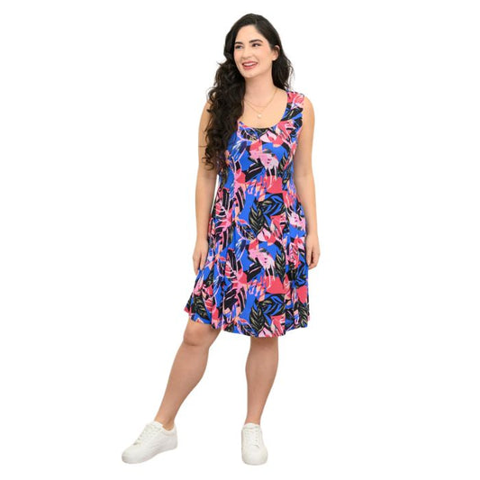 female model wearing pink bonita print sara dress front view on white background