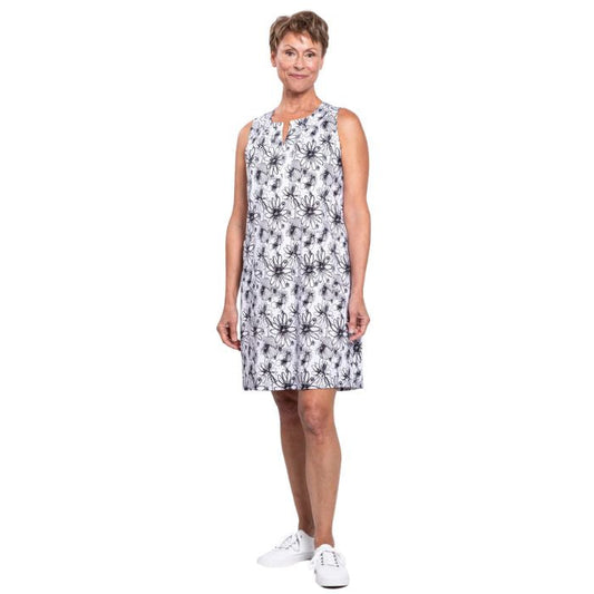 female model wearing bw sketch scarlette dress front view on white background