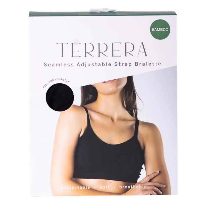 black seamless adjustable bralette package front view on white background