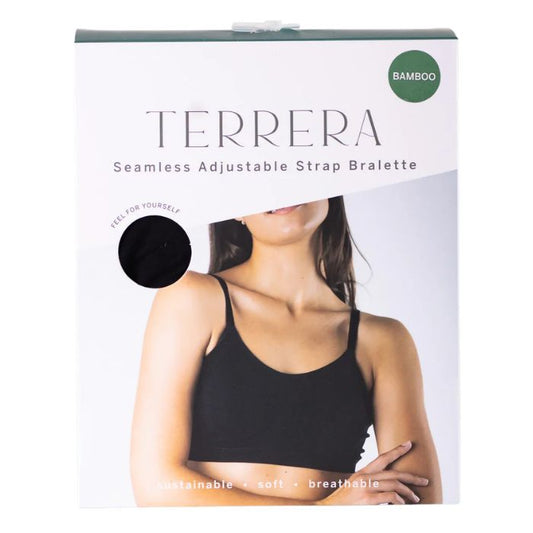 black terrera seamless adjustable bralette package front view on white background