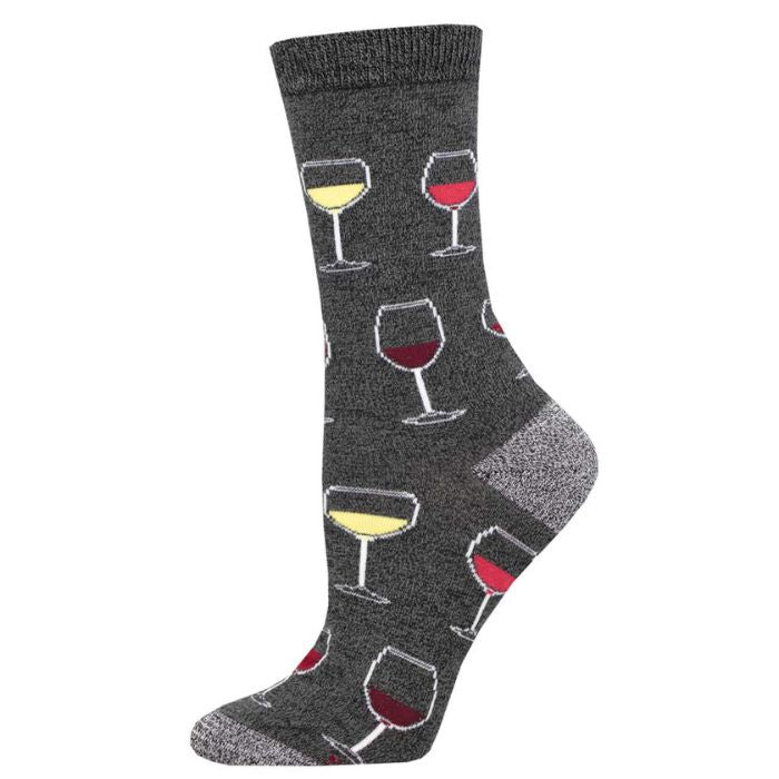 Sip sip hooray sock charcoal grey crew sock with wine glass print on white background