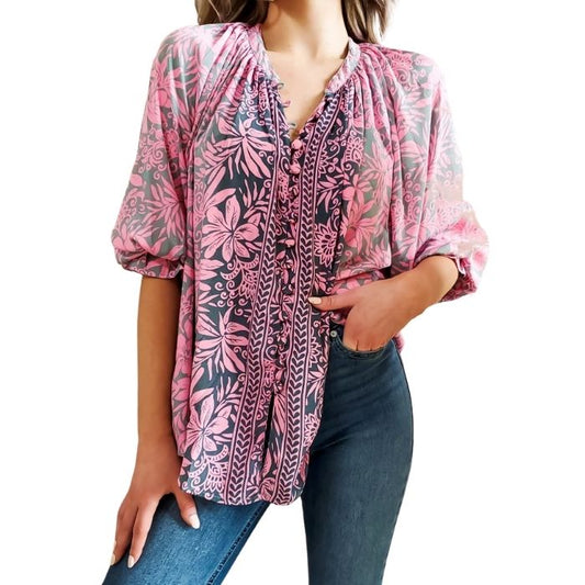 female model wearing splendor blouse mixed prints front view on white background