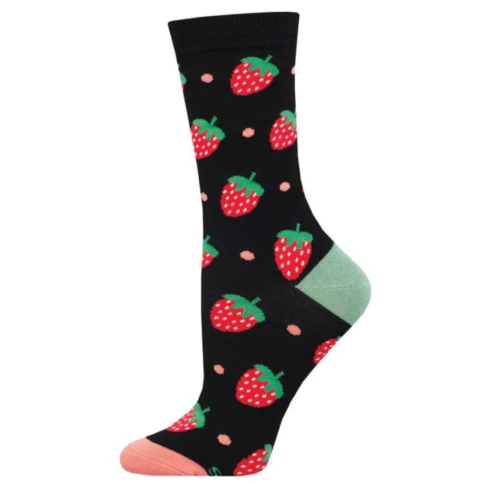 Strawberry delight sock black sock with little strawberries print on white background