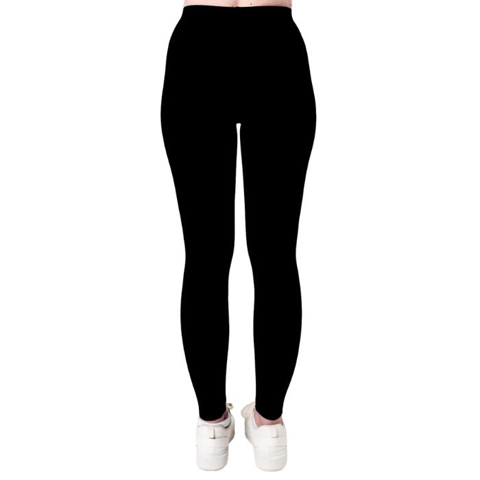 female model wearing black suri full length leggings back view on white background