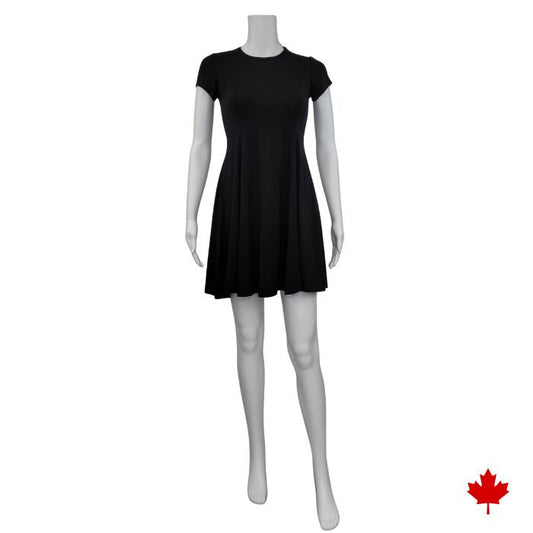 mannequin wearing black swing dress front view on white background
