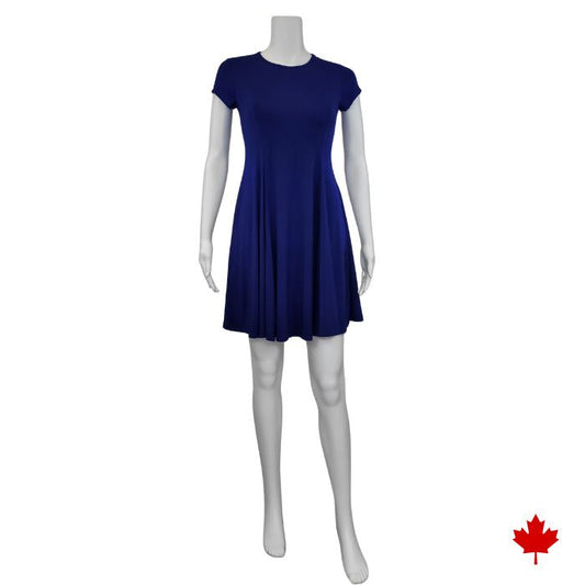 mannequin wearing indigo blue swing dress front view on white background