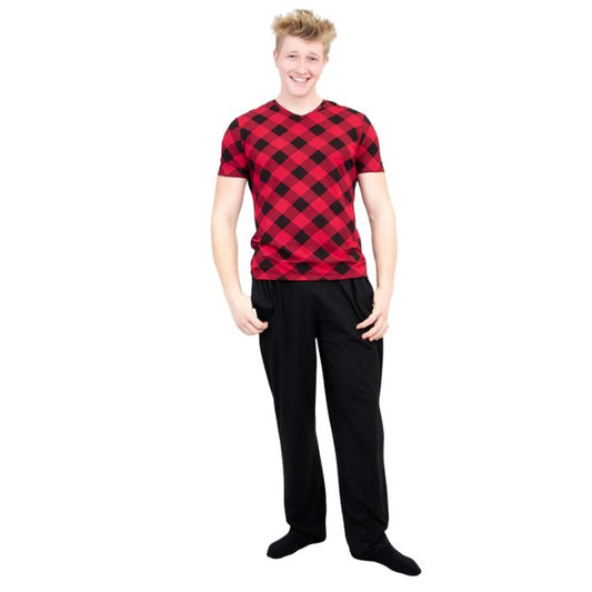 male model wearing black tanner pants and adam top front view on white background