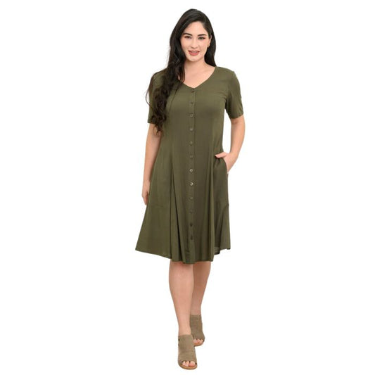 female model wearing khaki green teresa dress front view on white background