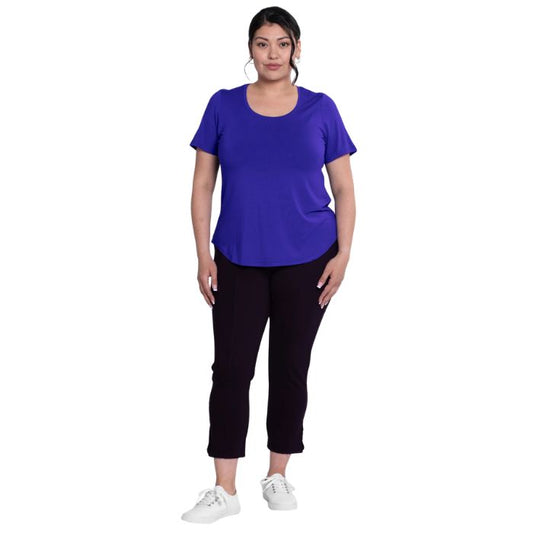 female model wearing violet purple tessa tee and black nadine cropped pants front view on white background