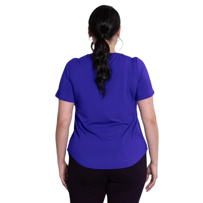 female model wearing violet purple tessa tee back view on white background
