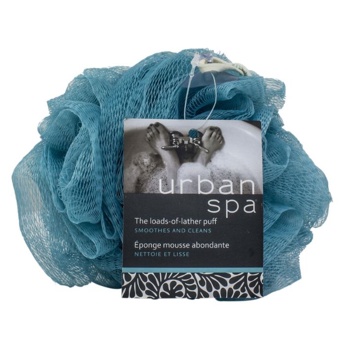 blue loads of lather loofah with label front view on white background