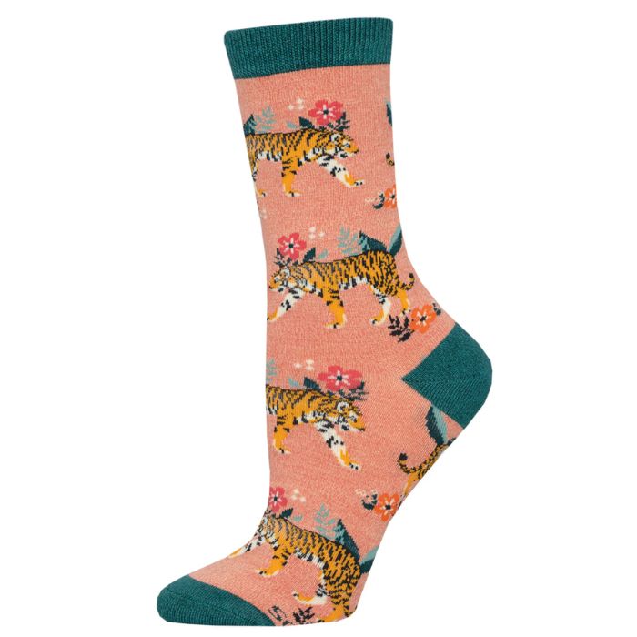 tiger florals sock pink sock with tigers and flowers print on white background
