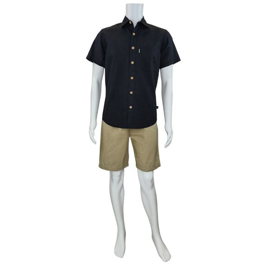 white mannequin wearing black will button up shirt and taupe brown craig shorts front view on white background