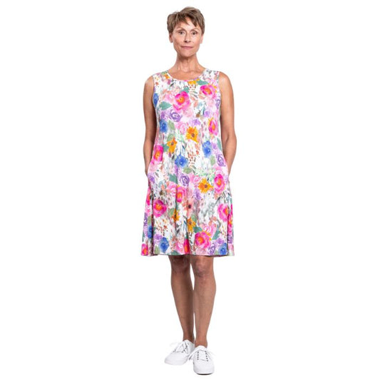 female model wearing pink bouquet print willow dress front veiw on white background