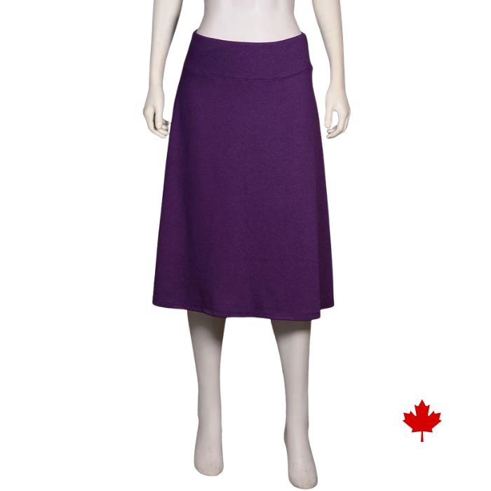 mannequin wearing plum purple yoga waist skirt front view on white background