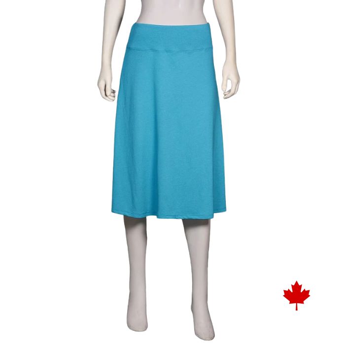 mannequin wearing turquoise blue yoga waist skirt front view on white background