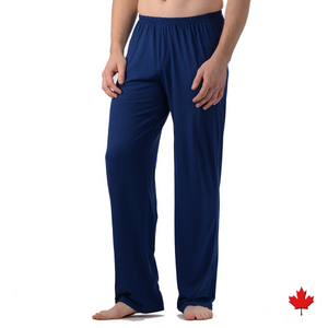 Jim Lounge pants are multi-purpose with the "ahhhhhh" comfort feeling. Great for yoga, lounging or sleeping made with breathable soft bamboo and a double stitch elastic waistband. Proudly made in Canada Fabrication: 70% Bamboo Rayon and 30% Cotton Eco-Essentials  Colour Blueberry