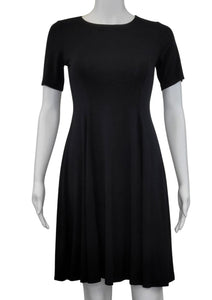 The ﻿Black Bamboo Twirl Dress is a simple and elegant style with a luxurious look and feel. Similar to the Swing Dress, it is a compliment to all body shapes with its princess line fit, round neck, 3/4 sleeve and 3" more in length then the swing dress. Proudly made in Canada 92% rayon from bamboo, 8% Spandex  Eco-Essentials $80.00