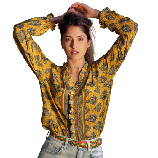 Heritage Ruffled Front Top- Upcycled Saris