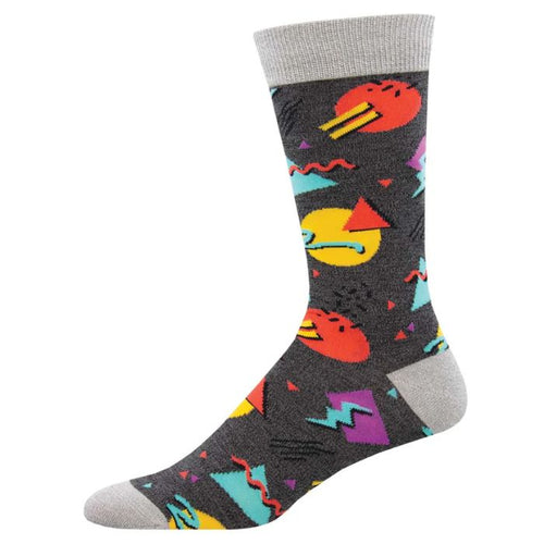 90's vibes charcoal grey crew sock with colourful shapes print on white background