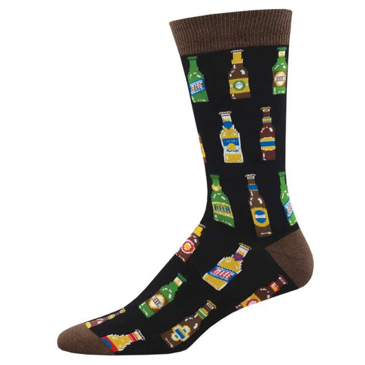 99 bottle black crew sock with beer bottle print on white background