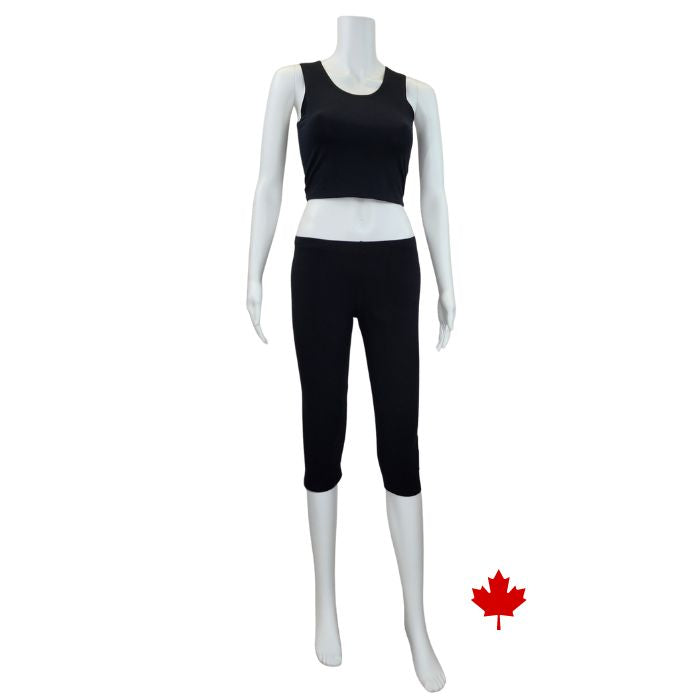 white mannequin wearing black elle 3/4 length leggings and stephanie crop tank top front view on white background