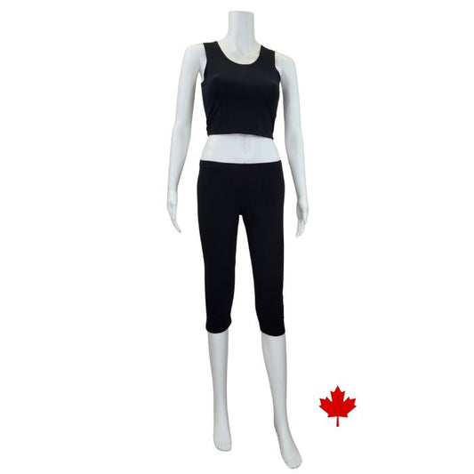 white mannequin wearing black elle 3/4 length leggings and stephanie crop tank top front view on white background