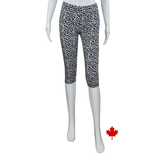 bottom of white mannequin wearing leopard print elle 3/4 length leggings front view on white background