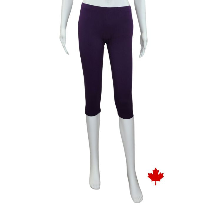 bottom of white mannequin wearing plum purple elle 3/4 length leggings front view on white background