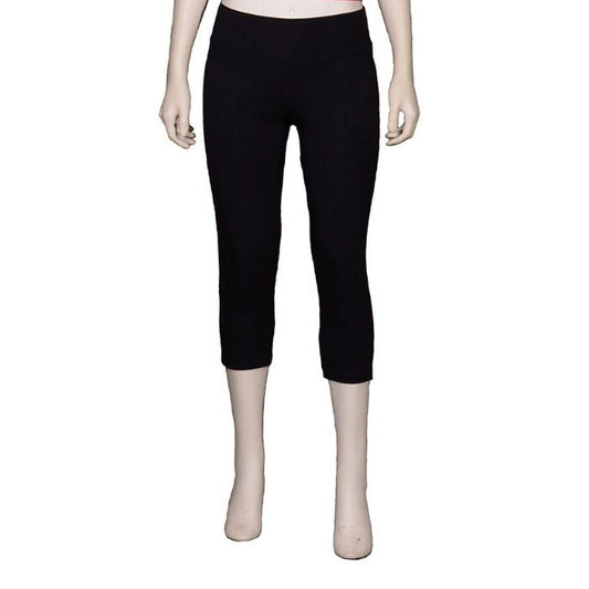 bottom of white mannequin wearing black eve yoga 3/4 length leggings front view on white background