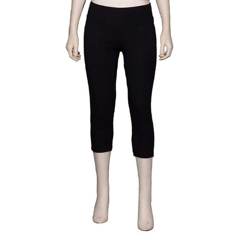 bottom of white mannequin wearing black eve yoga 3/4 length leggings front view on white background