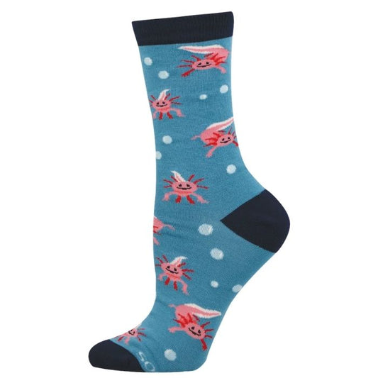 blue crew sock with pink axolotls print on white background 