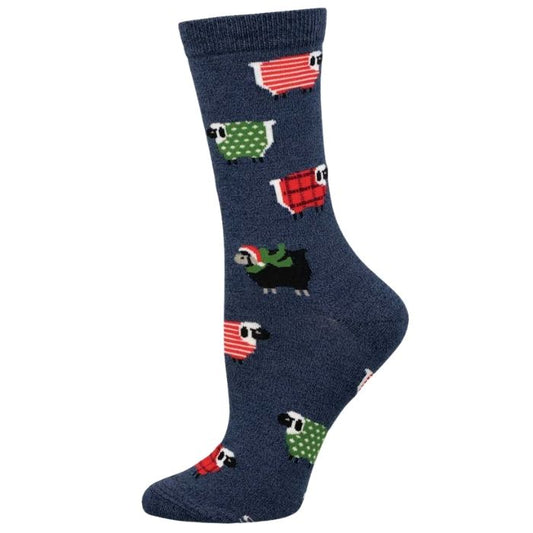 navy blue crew sock with sheep wearing colourful sweaters print on white background 