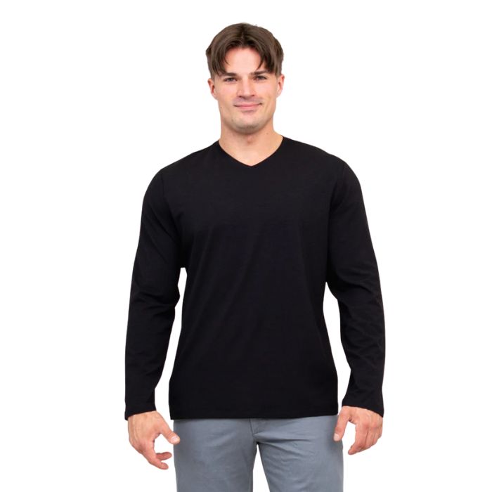 top half of male model wearing black adam long sleeve shirt front view on white background