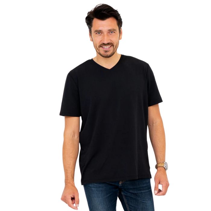 top half of male model wearing black adam short sleeve shirt front view on white background
