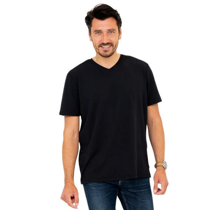 top half of male model wearing black adam short sleeve shirt front view on white background