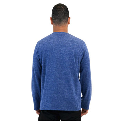 top half of male model wearing denim blue adam long sleeve shirt back view on white background