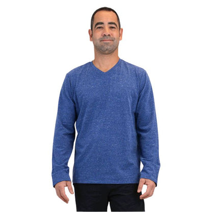 top half of male model wearing denim blue adam long sleeve shirt front view on white background