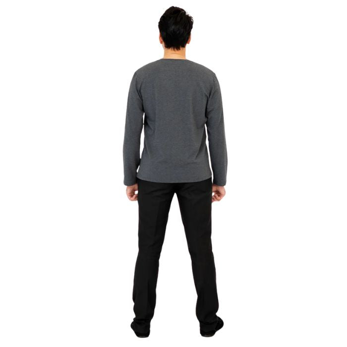 male model wearing graphite grey adam long sleeve shirt and black pants back view on white background