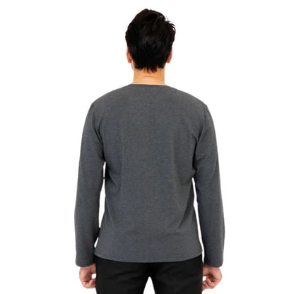 top half of male model wearing graphite grey adam long sleeve shirt back view on white background