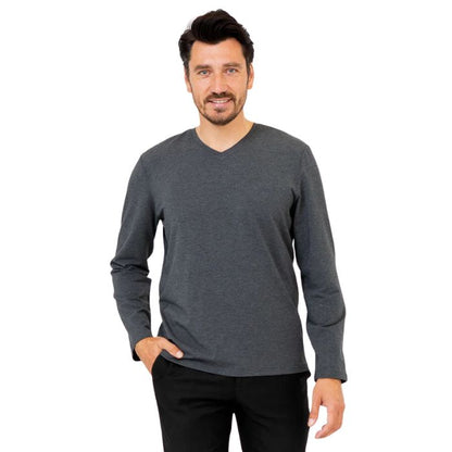 top half of male model wearing graphite grey adam long sleeve shirt front view on white background