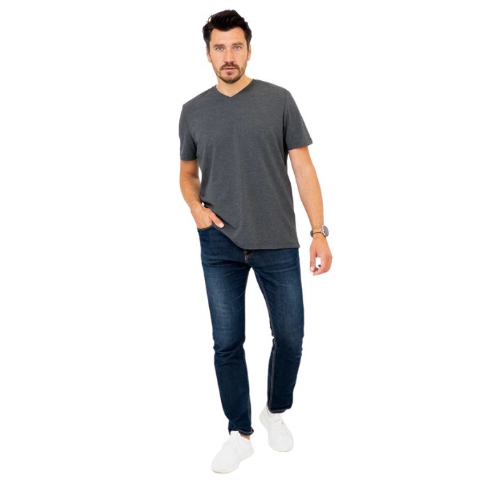 male model wearing graphite grey adam short sleeve shirt and blue jeans front view on white background