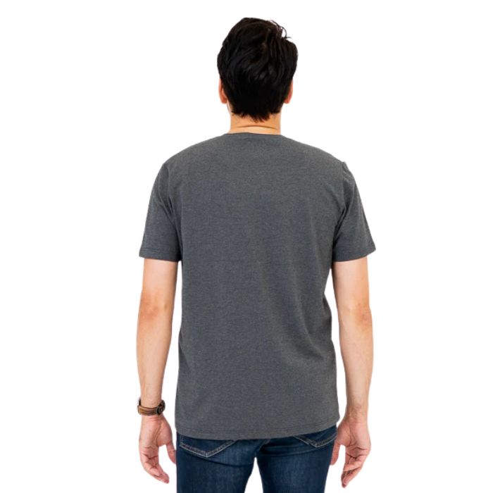 top half of male model wearing graphite grey adam short sleeve shirt back view on white background